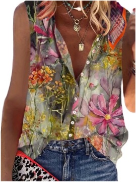 MODNA BLUZKA DAMSKA ELEGANCKA BEZ RĘKAWÓW W KWIATY