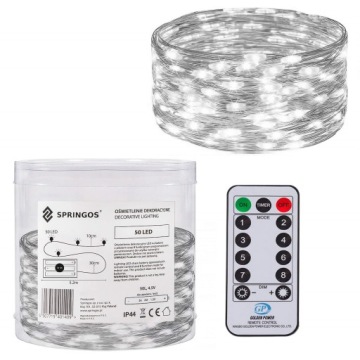 LAMPKI DRUCIKI 50 LED 5M ŚWIATEŁKA NA BATERIE ZIMNE BIAŁE ŚWIATŁO+ PILOT