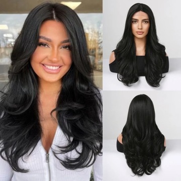 ПАРИК ЖЕНСКИЙ ДЛИННЫЕ ВОЛОСЫ ЧЕРНЫЕ ВОЛНЫ РЕАЛИСТИЧЕСКИЙ ОБЪЕМ 65 СМ