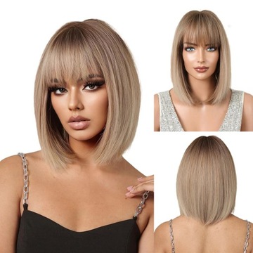 Peruka Damska Peruki Bob Ombre Blond Włosy Naturalny 35cm + Wig Cap