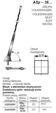 ANTENA SAMOCHODOWA ASP-36.01 TYŁ DACHU VW SKODA
