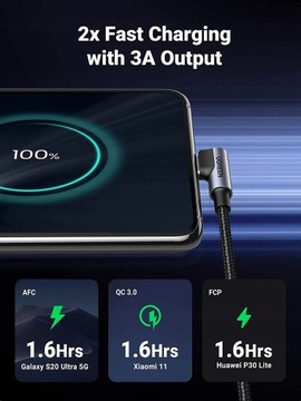 Кабель USB-C — USB-A 2.0 угловой UGREEN US176 3A 3м