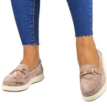 BEŻOWE ZE SKÓRY BUTY DAMSKIE MOKASYNY WSUWANE MIĘKKIE TAUPE ZAMSZOWE MODNE