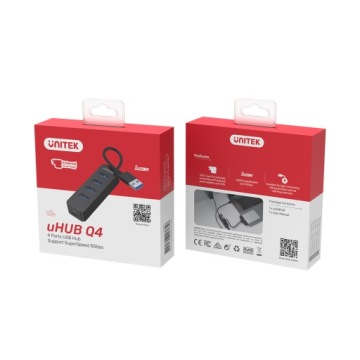Концентратор Unitek черный USB-A на 4 порта USB 3.1, активный, 10 Вт, кабель 15 см