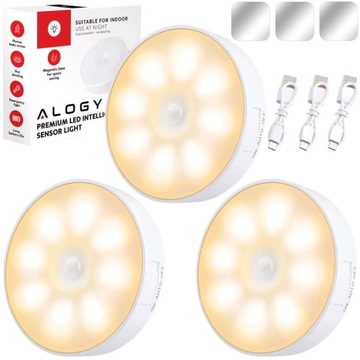 3x BEZPRZEWODOWA LAMPKA NOCNA LAMPA LED 3000K USB Z CZUJNIKIEM RUCHU MAGNES