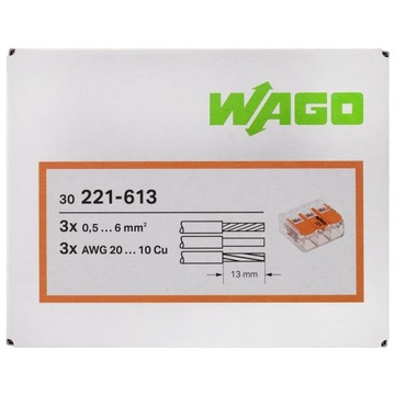 WAGO SZYBKOZŁĄCZKĄ NA LINKĘ DRUT 3x6mm 221-613 30szt.