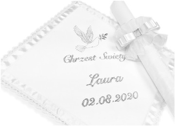Komplet do chrztu biała szatka i świeca na chrzest imię pamiątka Perła BS