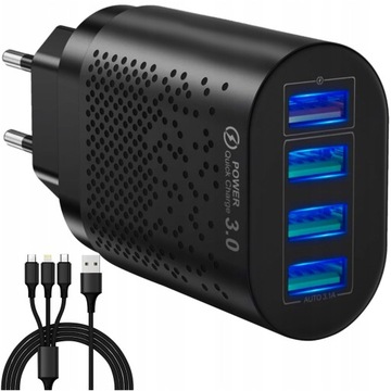 Szybka Ładowarka Sieciowa 4x USB QC 3.0 Kabel