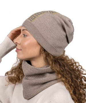 Czapka Komin Golf Komplet Grecki Wzór Zestaw Damski Beanie Beżowy