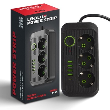 PRZEDŁUŻACZ listwa 2m 3 gniazda + 5x USB