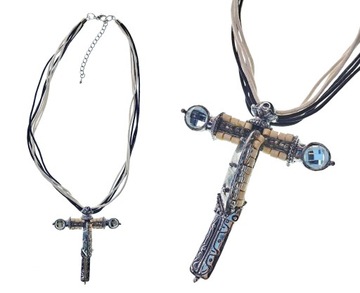Naszyjnik z krzyżem metal drewno rzemyki Nowy