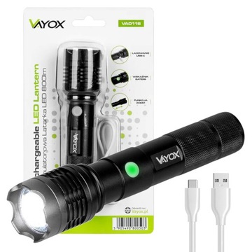Latarka LED taktyczna wojskowa 800lm 500m AKU ZOOM USB-C stroboskop