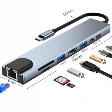 8in1 ADAPTER HUB USB-C 87W PD 4K HDMI SD/TF RJ45