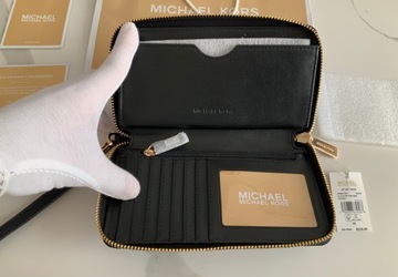 Michael Kors Czarny duży portfel skórzany złote logo z brelokiem