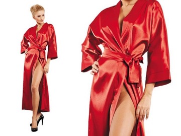 DŁUGI SZLAFROK Damski EKSKLUZYWNA SATYNOWA PODOMKA Wiązana 130 cm Red -S
