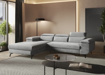 Szary narożnik z funkcją spania Flat idealny do salonu z zagłówkami