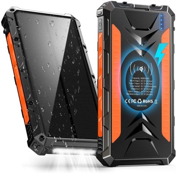 Duży szybki pojemny powerbank 36000mAh z indukcją i panelem solarnym