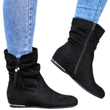 CZARNE ZAMSZOWE BOTKI DAMSKIE SASZKI Z FRĘDZLEM 36