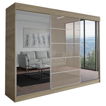 SZAFA MILAN - 3D 210 CM - SONOMA ( 1x LACOBEL CAPPUCINO ) - z lustrem