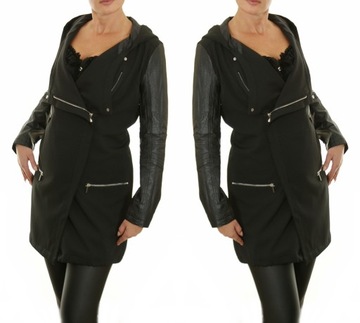 Luźny elegancki płaszcz parka suwak skórzany rękaw 1016# MEGA WYPRZEDAŻ
