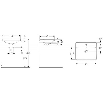 ВСТРАИВАЕМАЯ ПРЯМОУГОЛЬНАЯ РАКОВИНА, БЕЛАЯ 55X45 СМ, GEBERIT VARIFORM