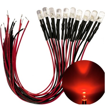 DIODY LED 12V 5mm CZERWONE RED przewód 20cm 10szt