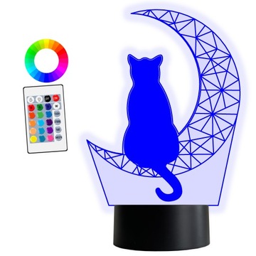 XL LAMPKA NOCNA LED 3D Kot na księżycu 16 kolorów + Pilot IMIĘ Grawer
