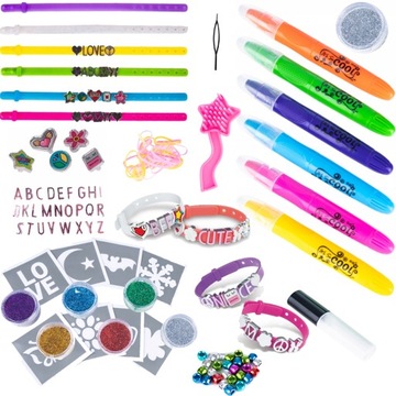 Набор именных браслетов + красочные блестящие татуировки для волос для детей