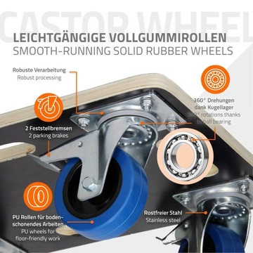 мебельная тележка с 2 поворотными роликами и 2 колесами