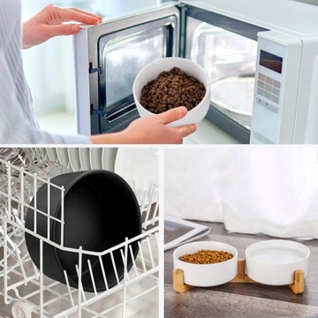 ДВОЙНАЯ ЧАШКА ДЛЯ КОШКИ, КЕРАМИЧЕСКИЕ ЧАШКИ НА ПОДСТАВКЕ БАМБУК, 2X400МЛ