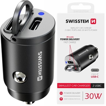 SWISSTEN ŁADOWARKA SAMOCHODOWA 2x USB-C TYP-C 30W do gniazda zapalniczki
