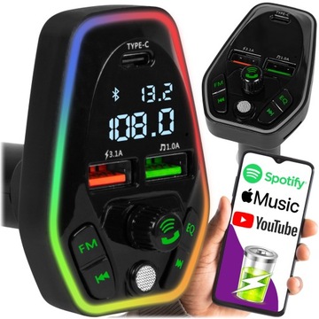 TRANSMITER FM AUDIO BLUETOOTH MP3 RGB BT SZYBKA ŁADOWARKA USB-C USB 3.1 18W