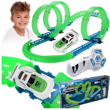 Świecący TOR SAMOCHODOWY AUTO NA PILOT + 3 duże pętle Autko z LED tor 444cm