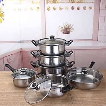 KOMPLET GARNKÓW STALOWYCH I PATELNIA Z POKRYWKAMI 12 ELEMENTÓW ZESTAW