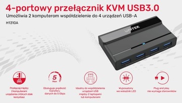 KVM-переключатель Unitek H1310A, 4 порта USB, 5 Гбит/с, активный