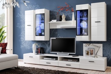 Meblościanka LAURA biały MDF połysk +LED rtv półka