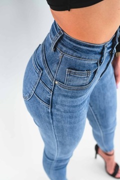 Ciemne klasyczne jeansy damskie dopasowane rurki PUSH UP M