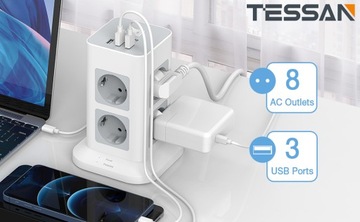 РАЗЪЕМ ПИТАНИЯ С 8 РАЗЪЕМАМИ 3USB, СТОЯЩИЙ, КОМПАКТНЫЙ