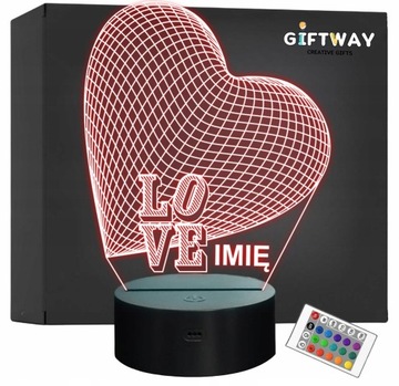 Lampka Nocna LED LOVE 3D Serce Prezent na Walentynki Miłosny z Imieniem