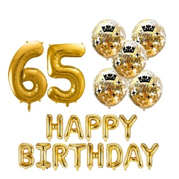 ZESTAW balony HAPPY BIRTHDAY na 65 URODZINY ZŁOTY konfetti