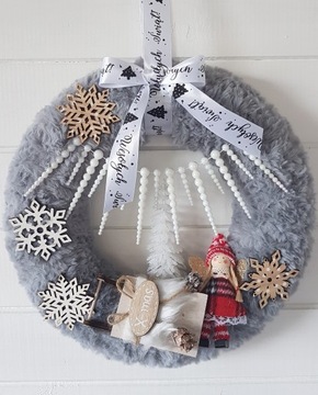 WIENIEC ŚWIĄTECZNY WIANEK ZIMOWY NA DRZWI SZARY HANDMADE 30 CM