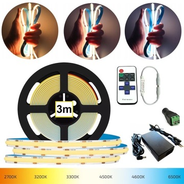 Zestaw Taśma LED COB 3m LINIA ŚWIATŁA + STEROWNIK Z PILOTEM + ZASILACZ