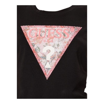 GUESS KOSZULKA DAMSKA T-SHIRT SS RN SATIN TRIANGLE CZARNA r.M