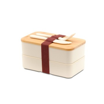 PODWÓJNY LUNCH BOX MACHICO 500ML Z WIDELCEM NOŻEM DESKĄ DO KROJENIA BEŻOWY