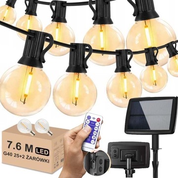GIRLANDA SOLARNA OGRODOWA ŁAŃCUCH ŚWIETLNY 25x ŻARÓWKI LED + PILOTA