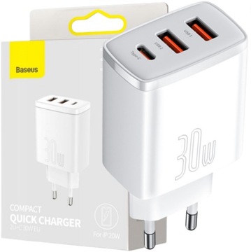 БЫСТРОЕ СЕТЕВОЕ ЗАРЯДНОЕ УСТРОЙСТВО BASEUS COMPACT 2XUSB 1XUSB C 30 Вт 3A PD БЕЛЫЙ PD