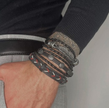 НАБОР МУЖСКОГО ЧЕРНОГО КОЖАНОГО ЭЛЕГАНТНОГО БРАСЛЕТА