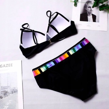 КУПАЛЬНИК БИКИНИ ИЗ ДВУХ ЧАСТЕЙ, ЧЕРНЫЙ, ЦВЕТНЫЕ ВСТАВКИ ПУШ АП, S 36