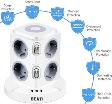 ЗАЩИТНЫЙ УСТРОЙСТВО ПИТАНИЯ 11в1, 8 РОЗЕТОК + 3 СВЕТОДИОДНЫЕ ЛАМПЫ USB