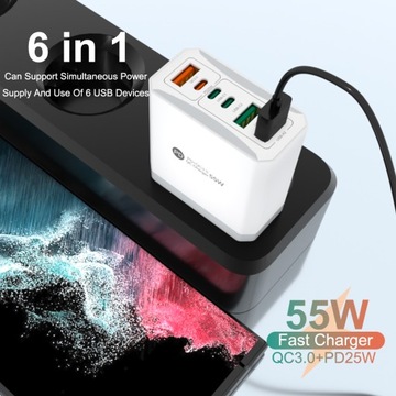 MOCNA SZYBKA UNIWERSALNA ŁADOWARKA SIECIOWA 55W PD+QC 3.0 USB x3 + USB-C x3